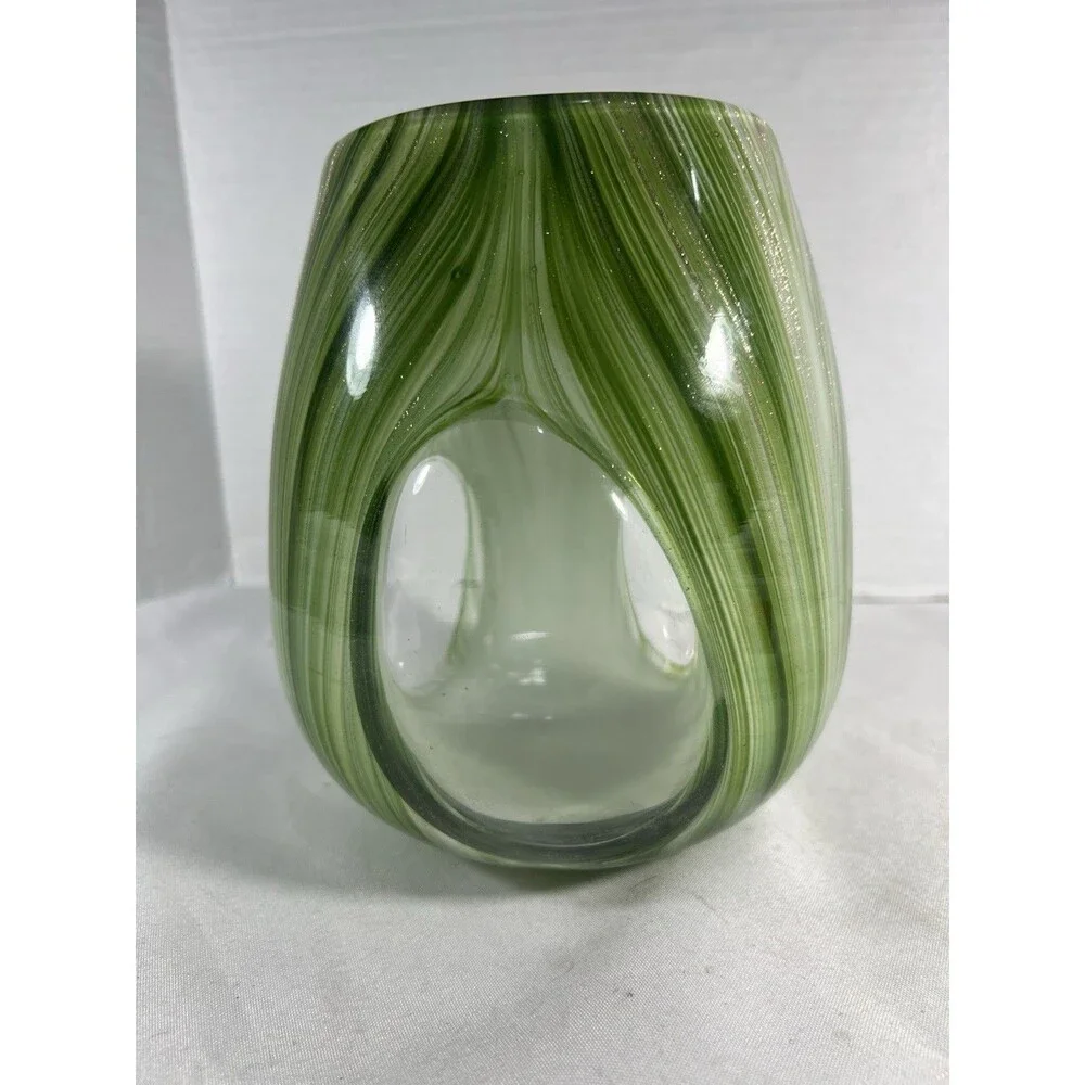 Hand Blown Art Glass Candle Holder Green White Swirl Gold Glitter 7” Tealight